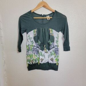 y2k Free People Babydoll Viscose Modal Paisley Floral Top sz S Green Mod Retro